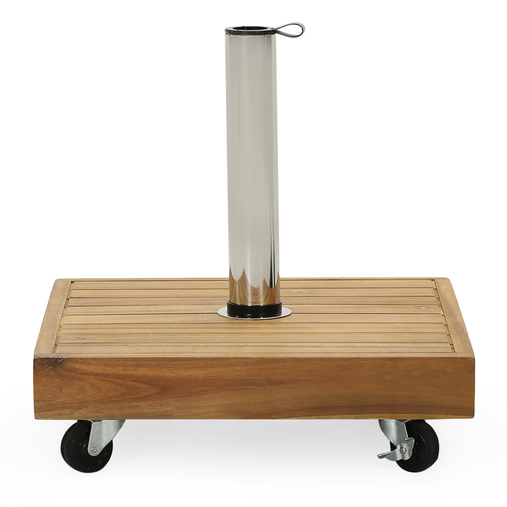 Anthony & Home Ralph Square Teak Umbrella Base with a sturdy wooden design and metal fittings for outdoor patio umbrella support.