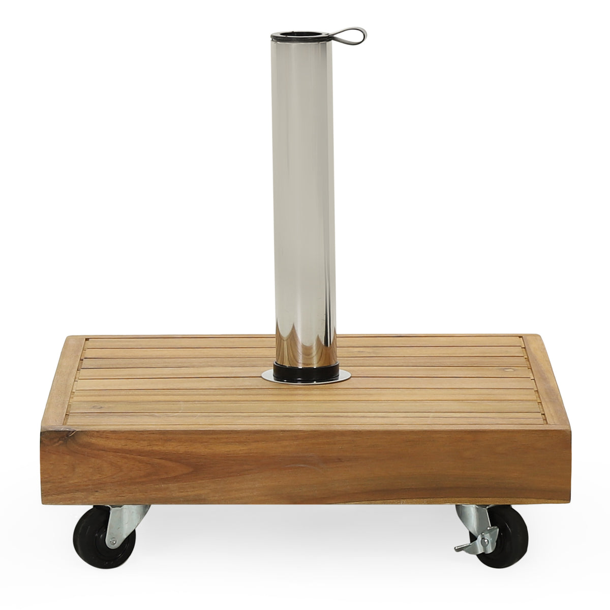 Anthony & Home Ralph Square Teak Umbrella Base with a sturdy wooden design and metal fittings for outdoor patio umbrella support.