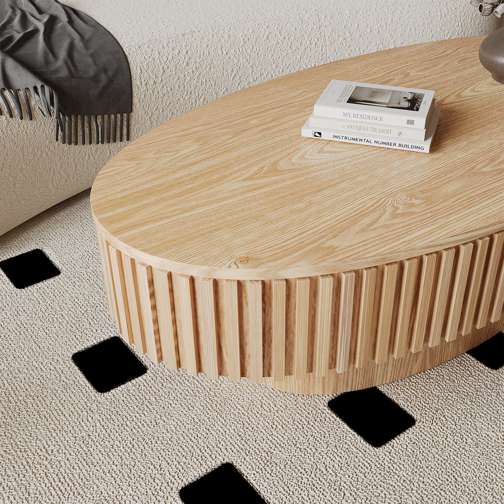 Anthony & Home oval coffee table with storage, solid wood veneer, modern design, featuring a smooth surface and storage compartment.