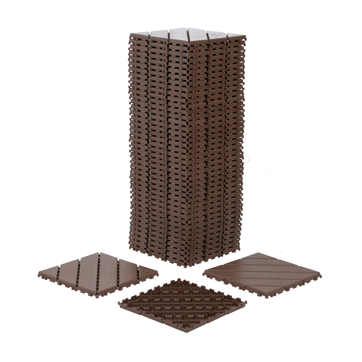 Brown polypropylene interlocking deck tiles from Anthony & Home, showcasing a textured surface and interlocking design for outdoor flooring.