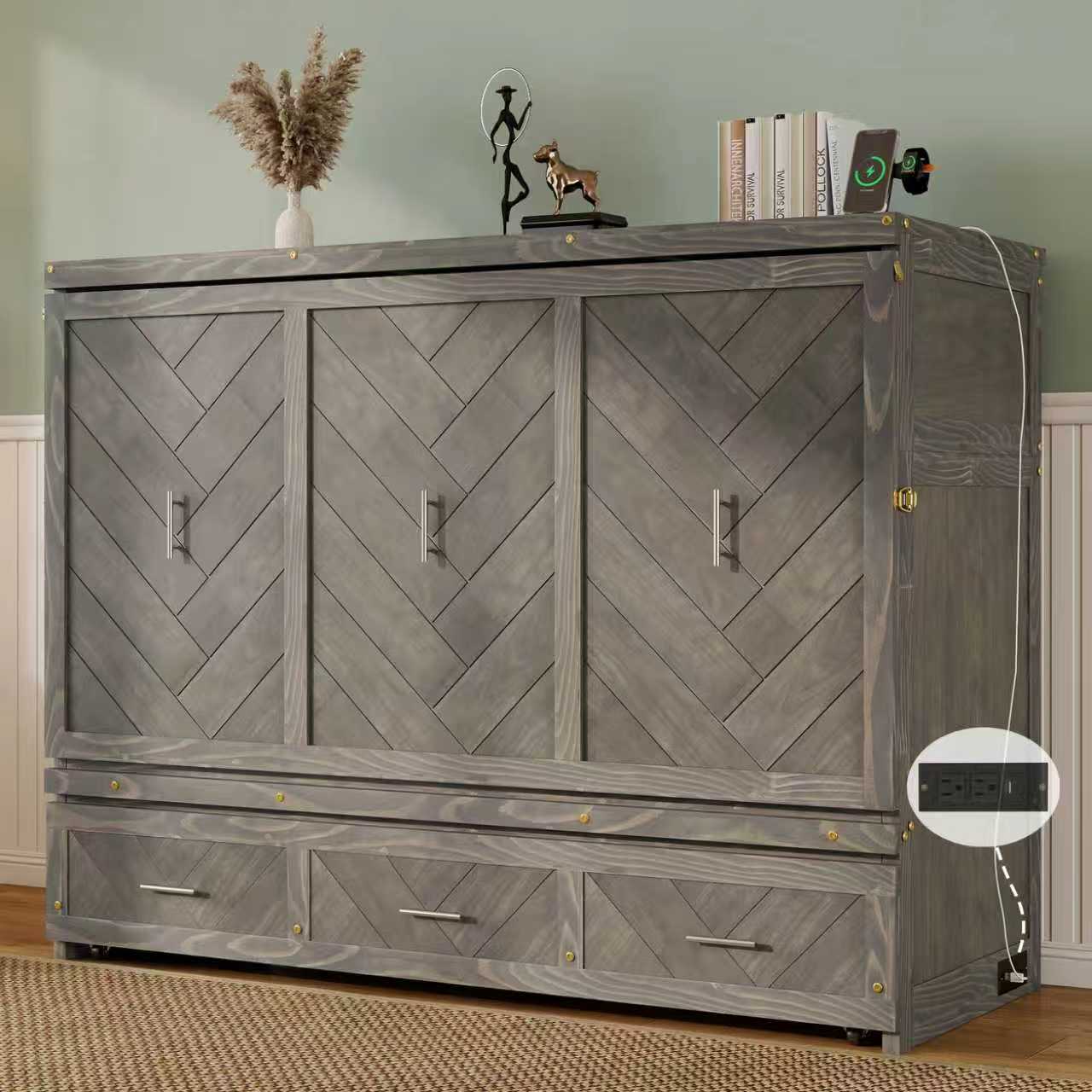 Queen Murphy bed in grey pine cabinet with geometrical panel and USB charging, from Anthony & Home Studio Collection.