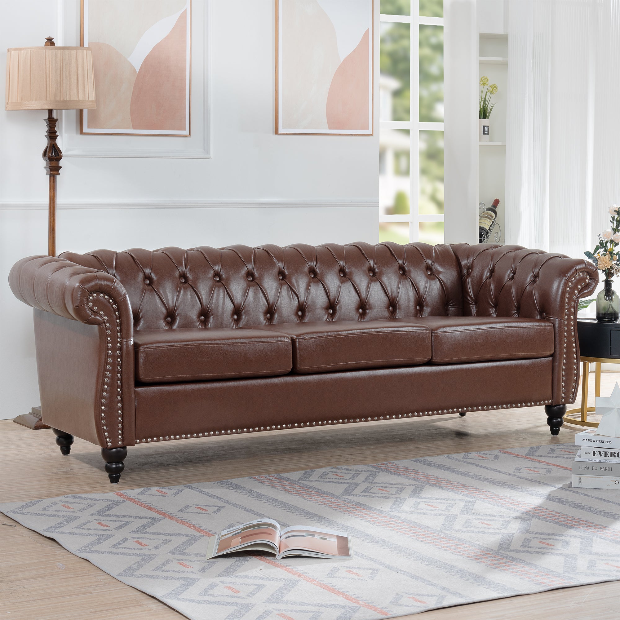 Anthony & Home Chesterfield Sofa with Birch Legs, featuring classic design and plush upholstery in a cozy living room setting.