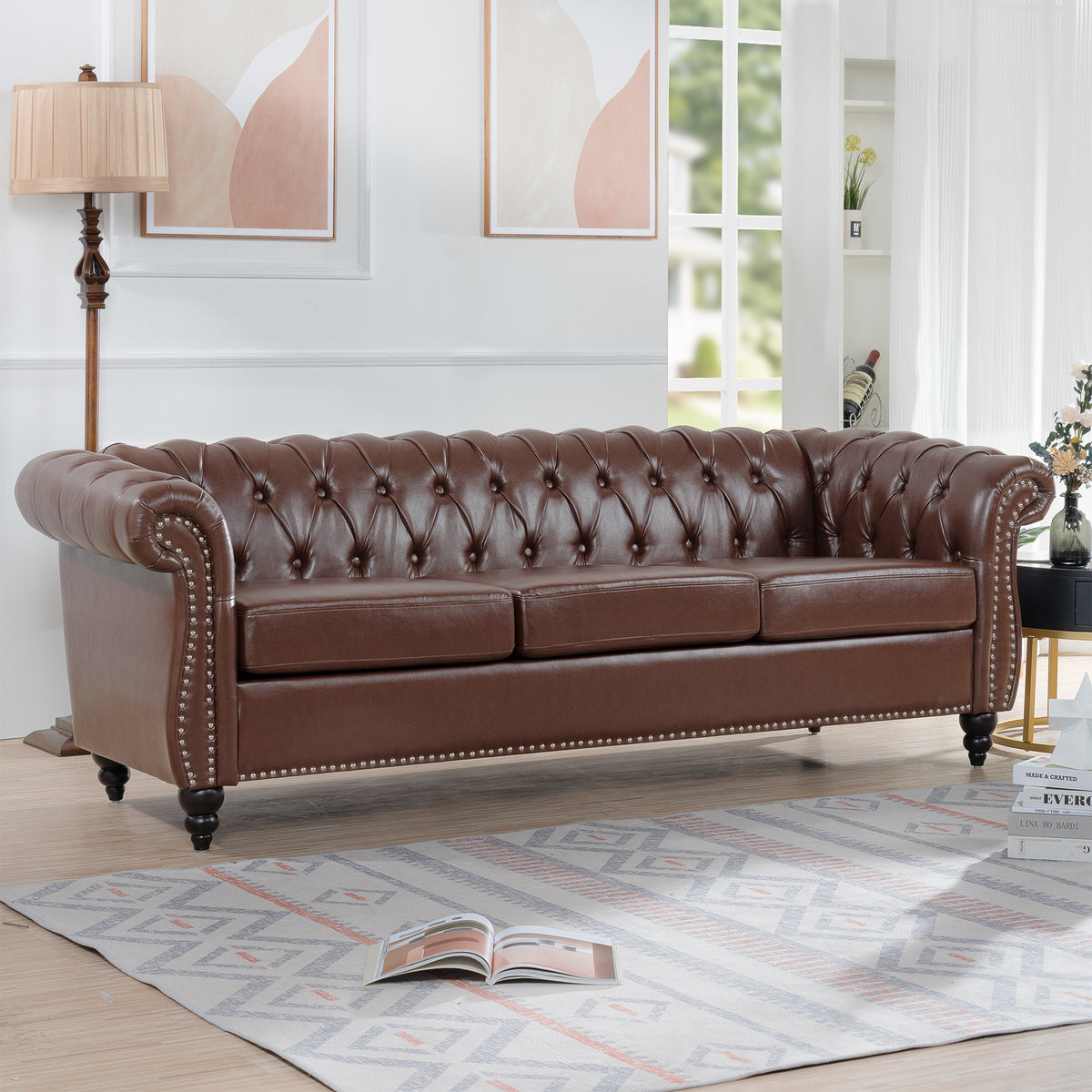 Anthony & Home Chesterfield Sofa with Birch Legs, featuring classic design and plush upholstery in a cozy living room setting.