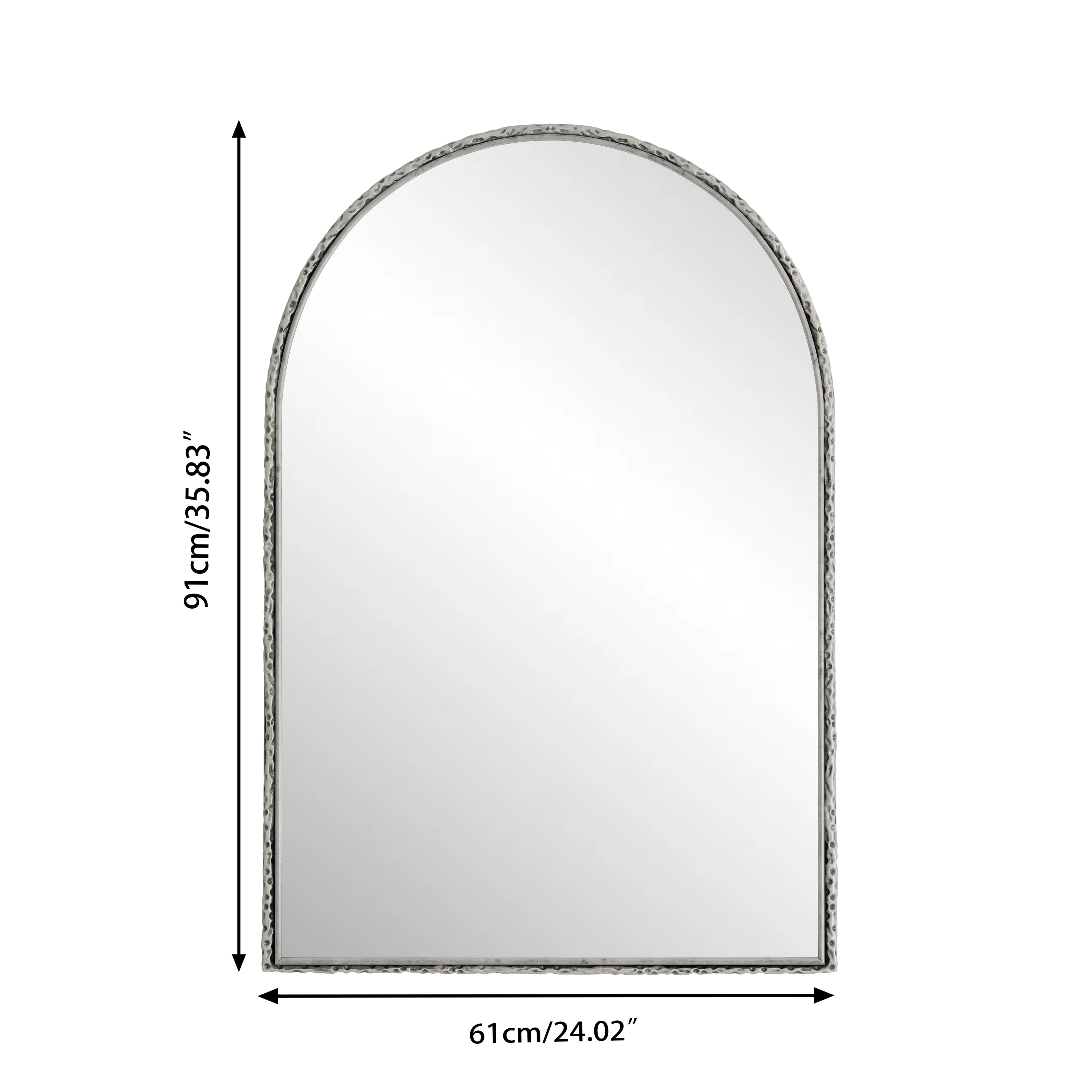Arched silver mirror with tempered glass frame by Anthony & Home, reflecting a modern, stylish design suitable for contemporary decor.