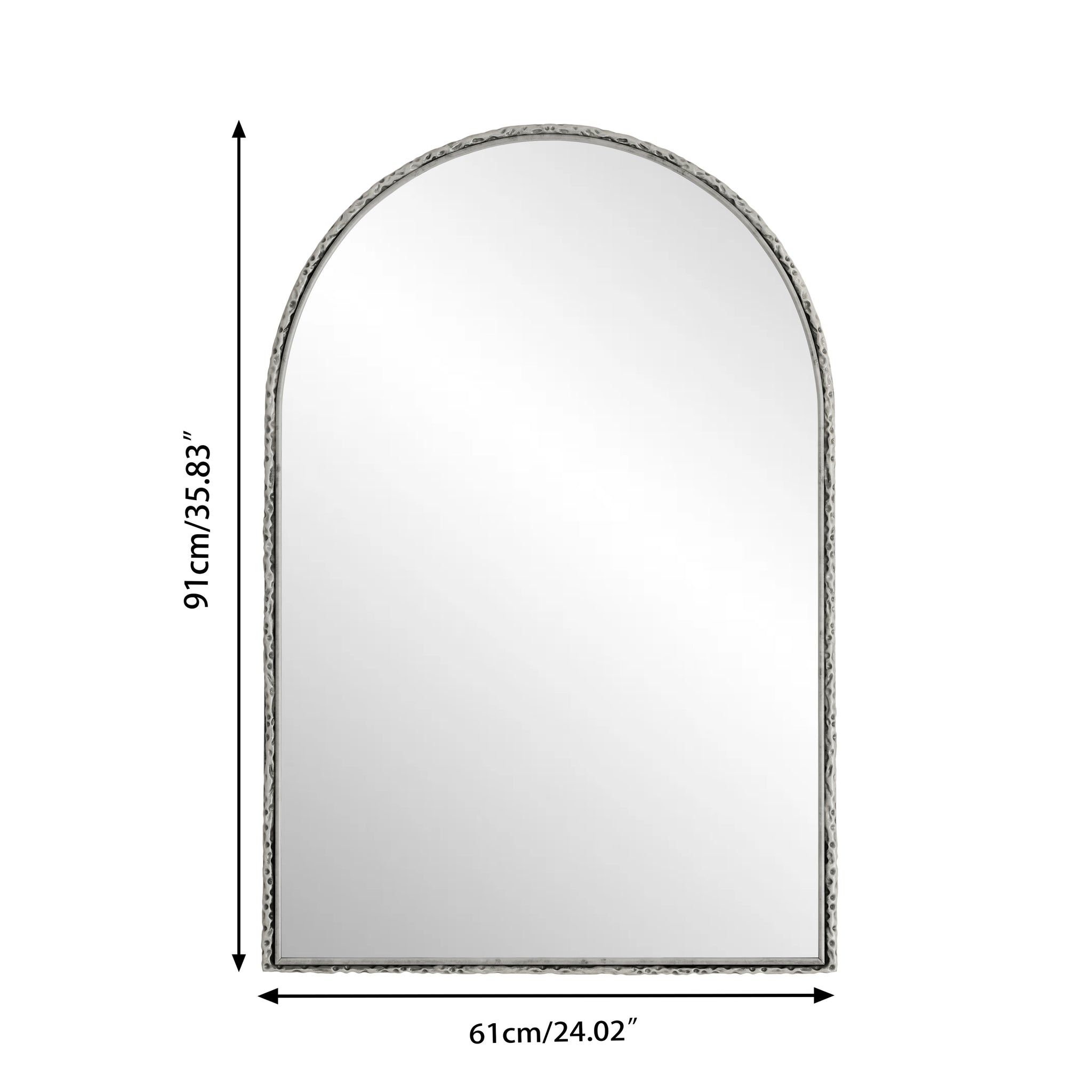 Arched silver mirror with tempered glass frame by Anthony & Home, reflecting a modern, stylish design suitable for contemporary decor.