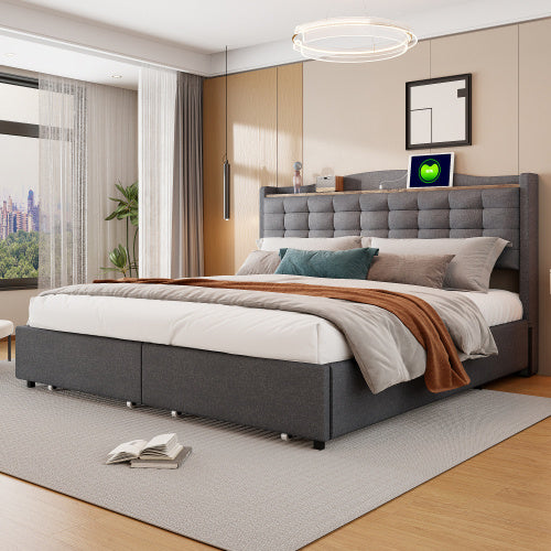 Grey Linen Upholstered Bed Frame 160x200 cm USB Nightstand