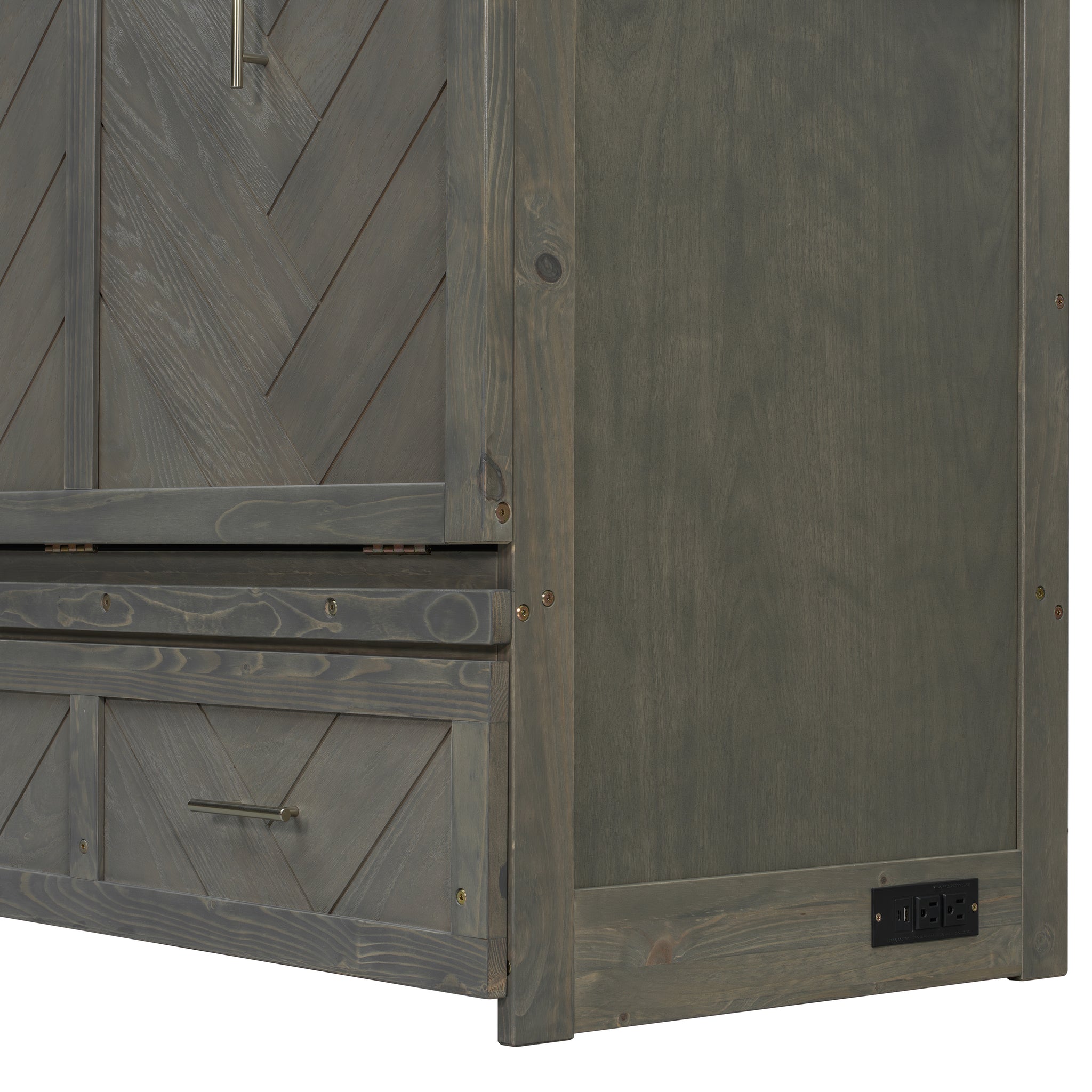 Queen Murphy bed in grey pine cabinet with geometrical panel and USB charging, part of Anthony & Home Studio Collection.