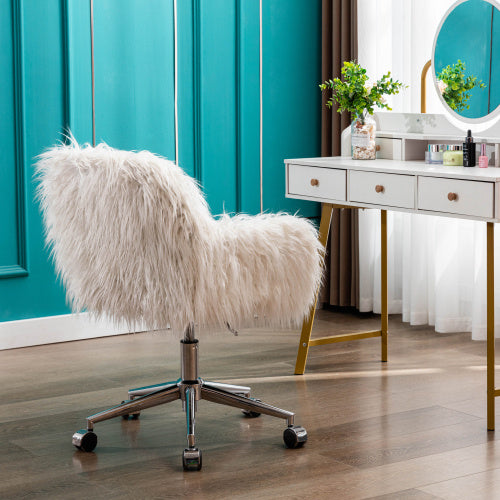 Modern Faux Fur Home Office Chair White Plush Makeup