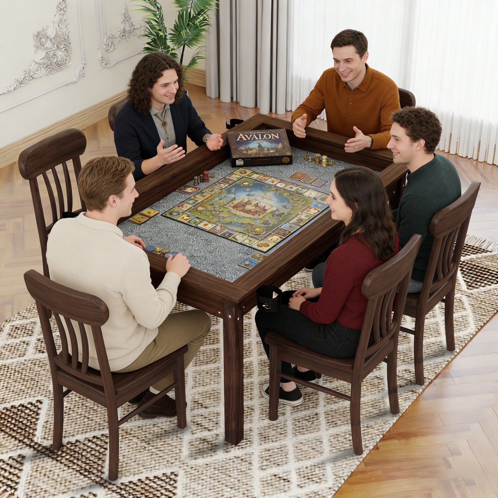 Anthony & Home Atelier Board Game Table with wooden surface and built-in storage, ideal for family game nights and gatherings.
