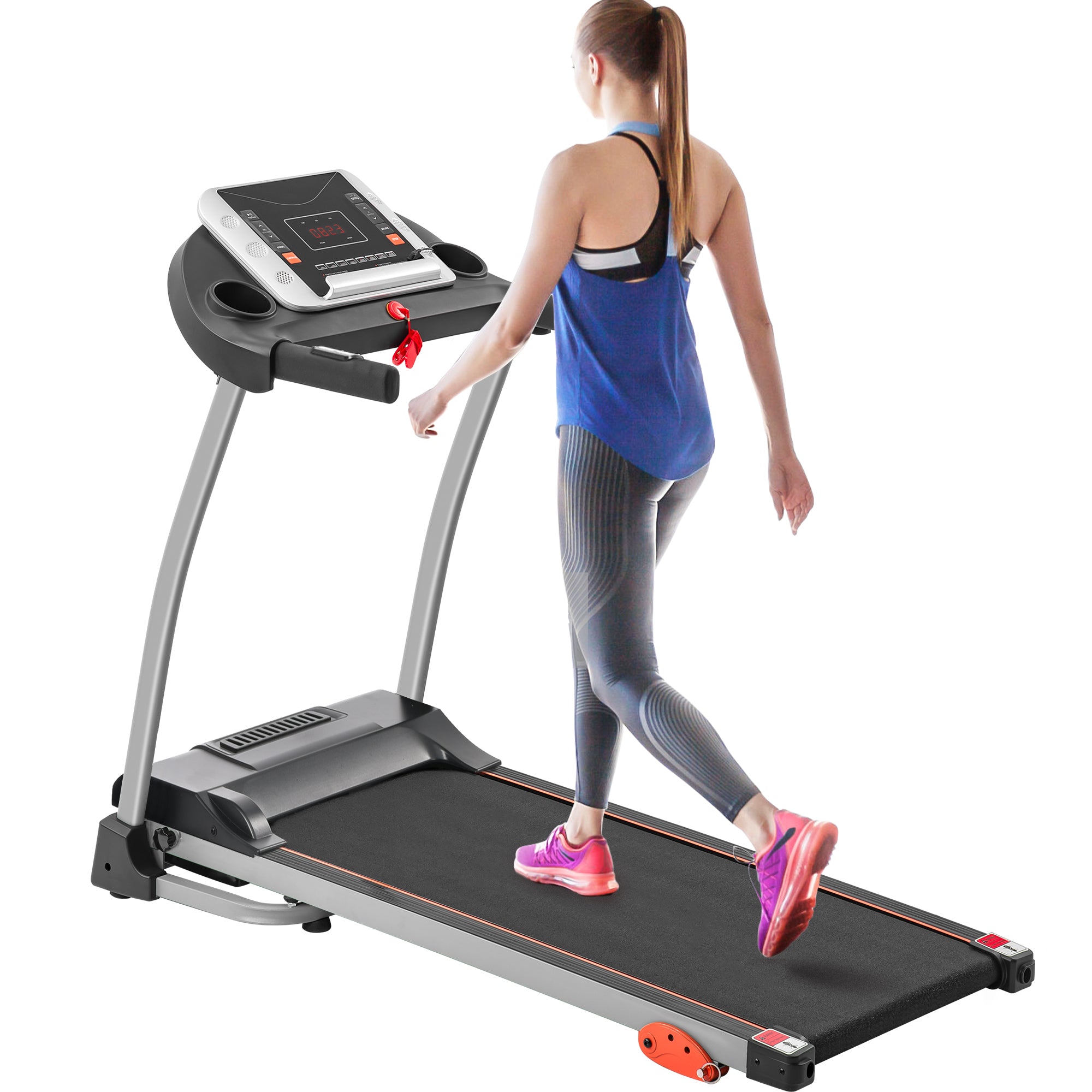 Black Elite Series foldable treadmill with metal frame from Anthony & Home, showing the running belt and control panel.
