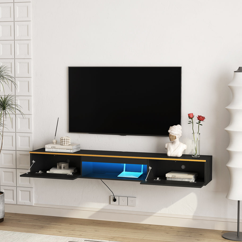 Floating Wall Mounted TV Stand With 16 Color LEDs Black