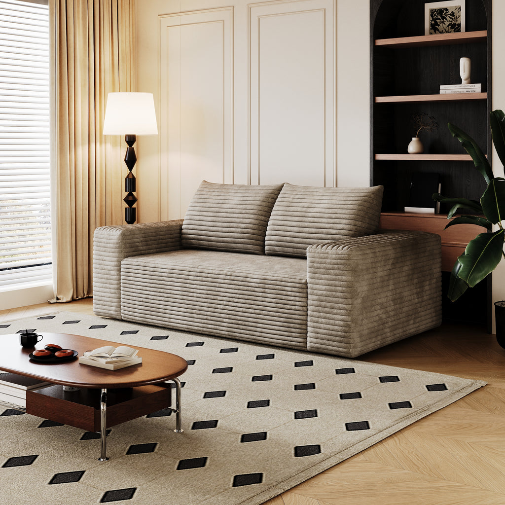 Anthony & Home Signature Corduroy Camel Two-Seater Sofa with plush cushions and stylish design, shown in a cozy living room setting.