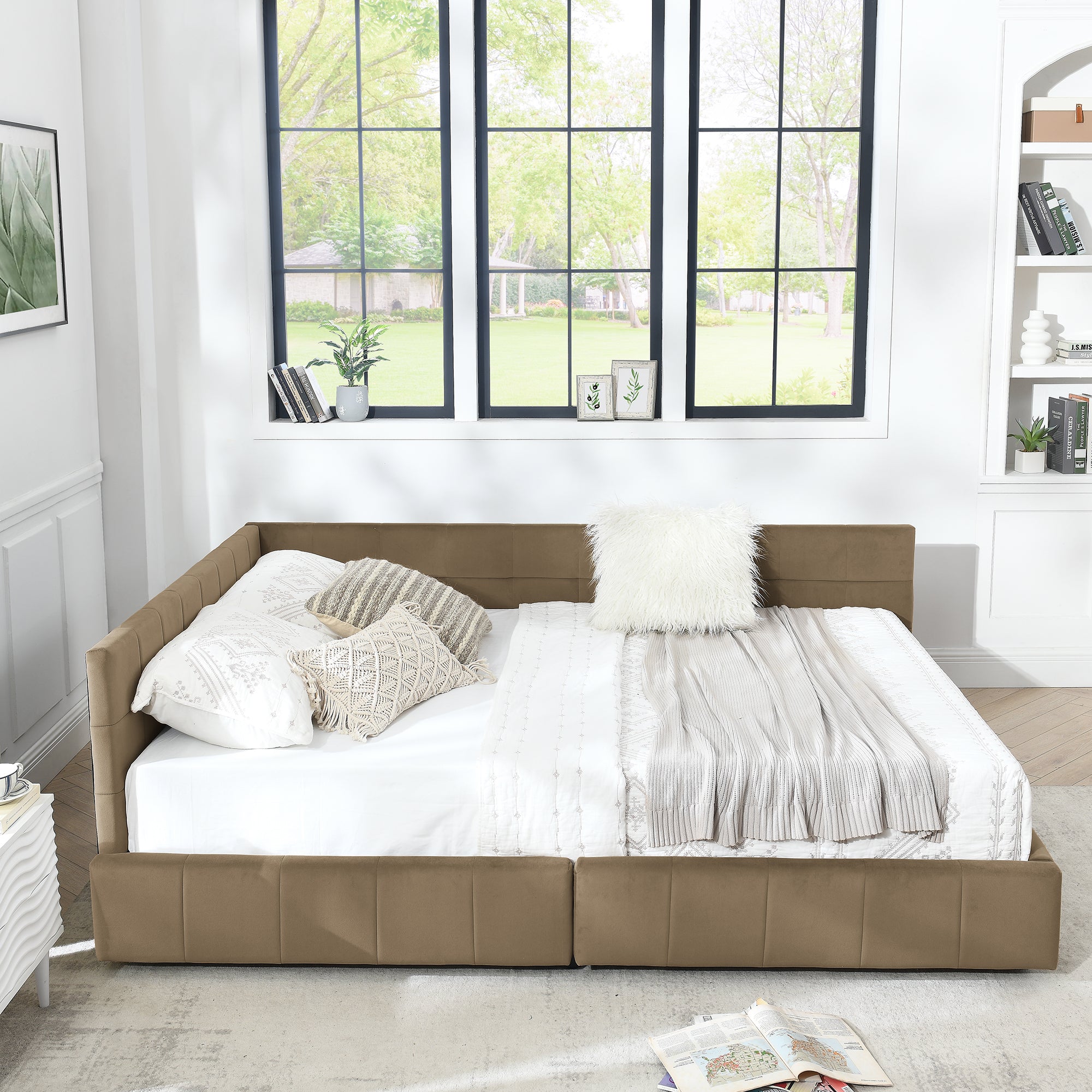 Brown velvet tufted queen-size storage bed from Anthony & Home's mid-century collection, featuring a plush headboard and storage drawers.