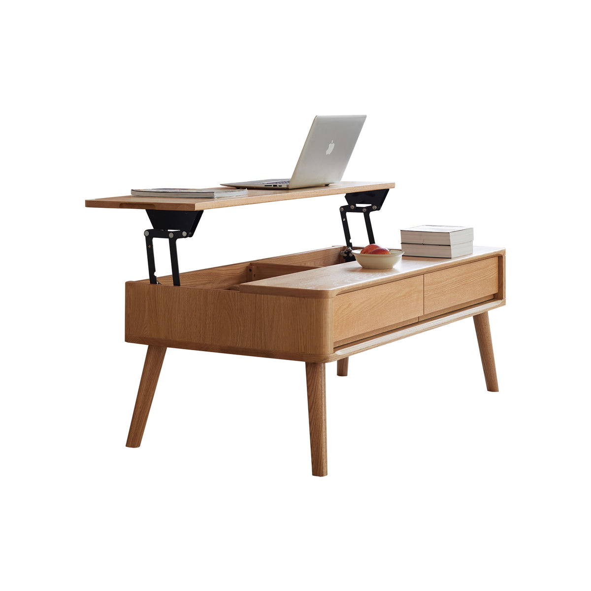 Solid oak coffee table with storage shelf from Anthony & Home Atelier Collection, measuring 39.4 W x 23.6 D x 17.7 H inches.