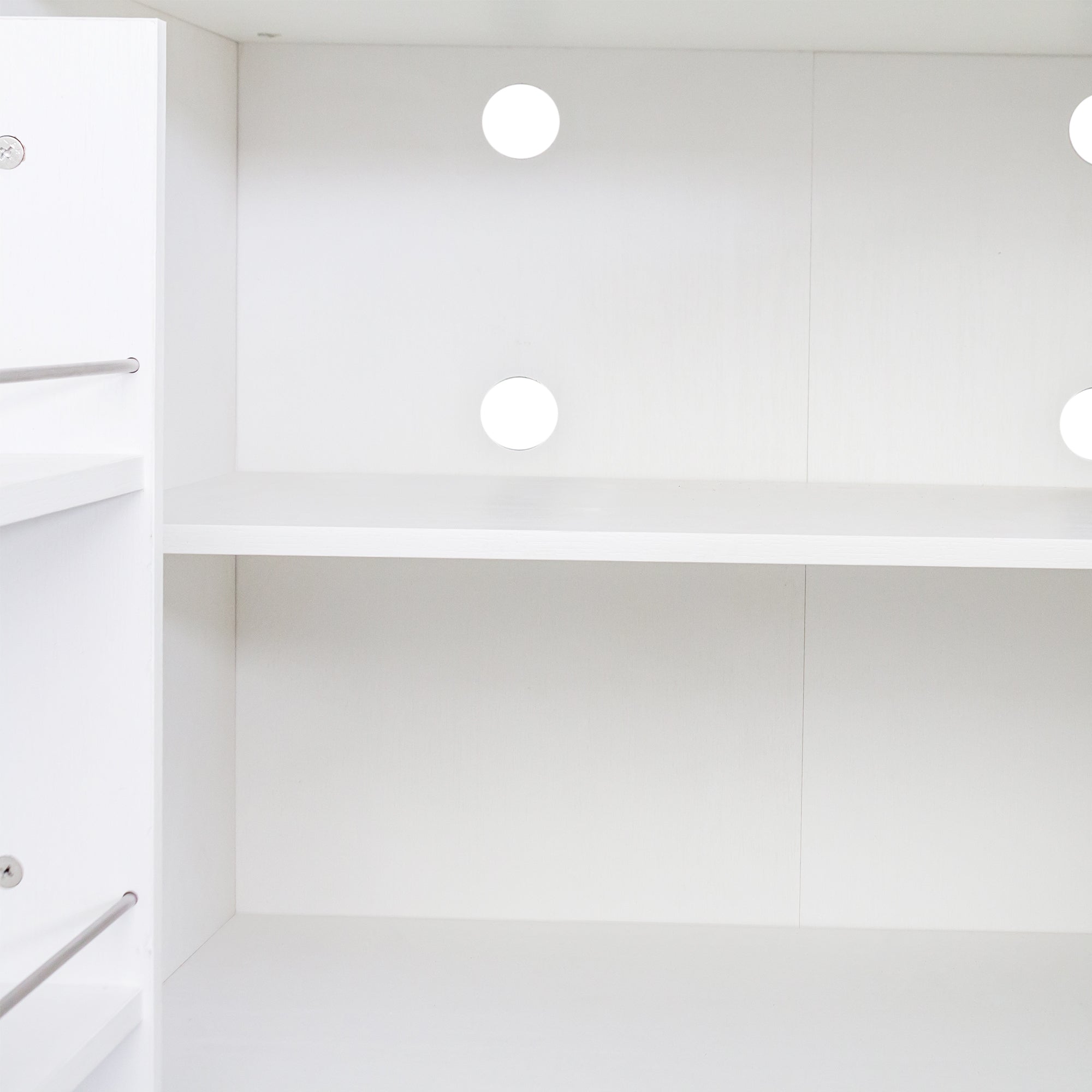 Anthony & Home Signature White Pantry Cabinet with doors and shelves, showcasing storage space and interior organization.