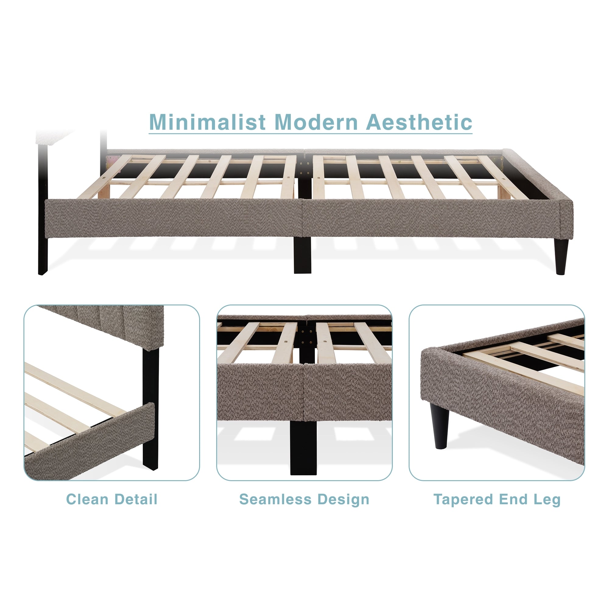 Anthony & Home Boucle Queen Platform Bed Frame in limited edition with plush boucle upholstery and sturdy wooden legs.