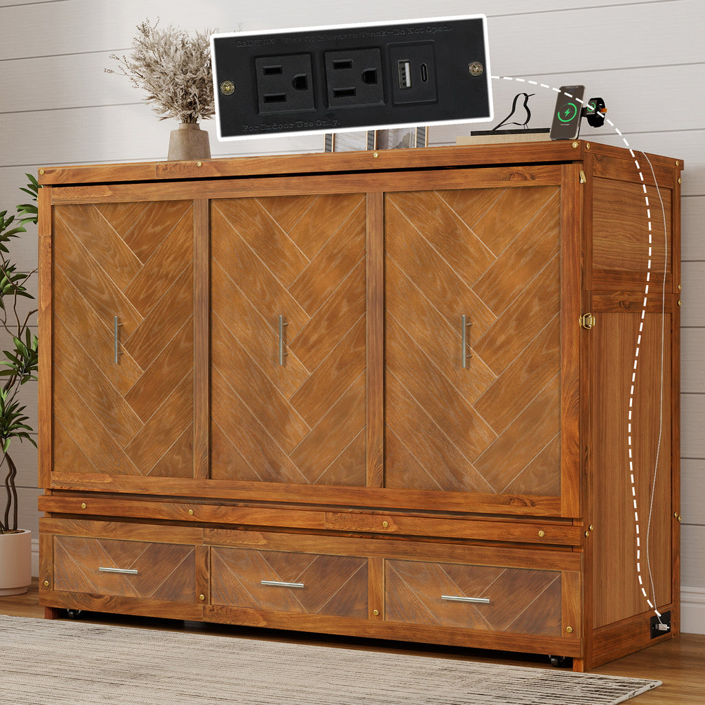 Queen size Walnut Murphy bed cabinet with geometric panel and USB charging from Anthony & Home studio collection.