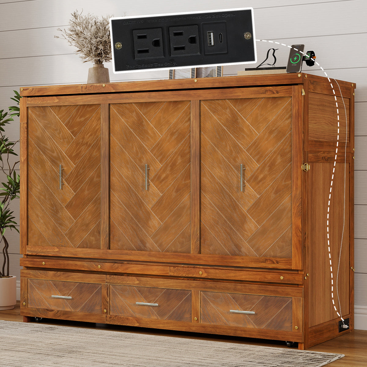 Queen size Walnut Murphy bed cabinet with geometric panel and USB charging from Anthony & Home studio collection.