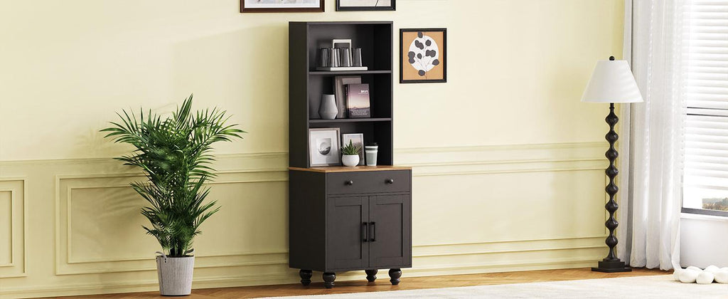 Black farmhouse storage cabinet by Anthony & Home with solid wood gourd-shaped legs, featuring a stylish, rustic design.