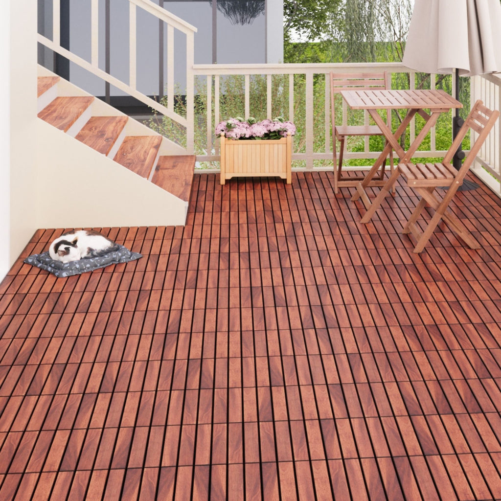 Anthony & Home Acacia Studio Interlocking Deck Tiles in a striped pattern, 12-inch size, suitable for outdoor flooring.