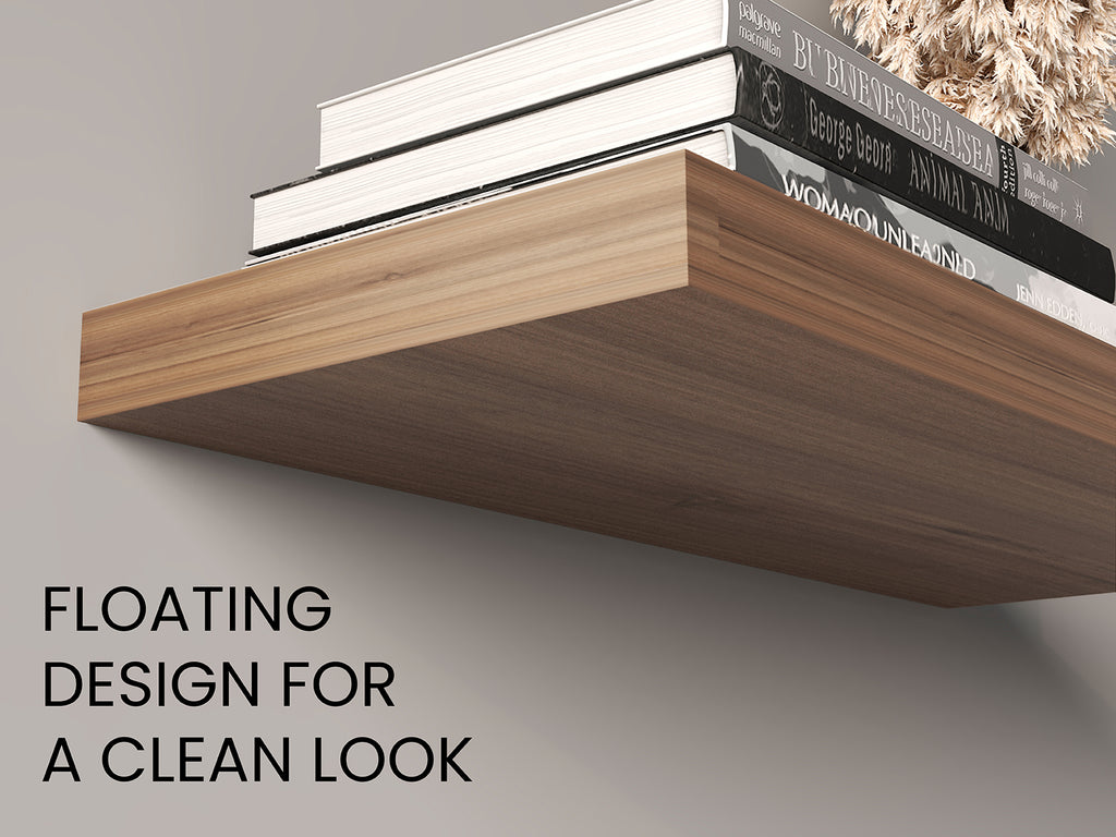 Set of two Anthony & Home Ecco Atelier floating shelves mounted on a wall, showcasing modern wooden storage and display space