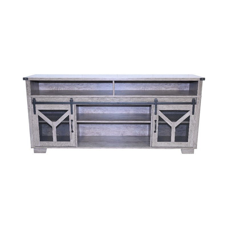 Iron mesh barn door TV stand in signature edition by Anthony & Home, featuring rustic iron mesh design and sturdy wooden construction.