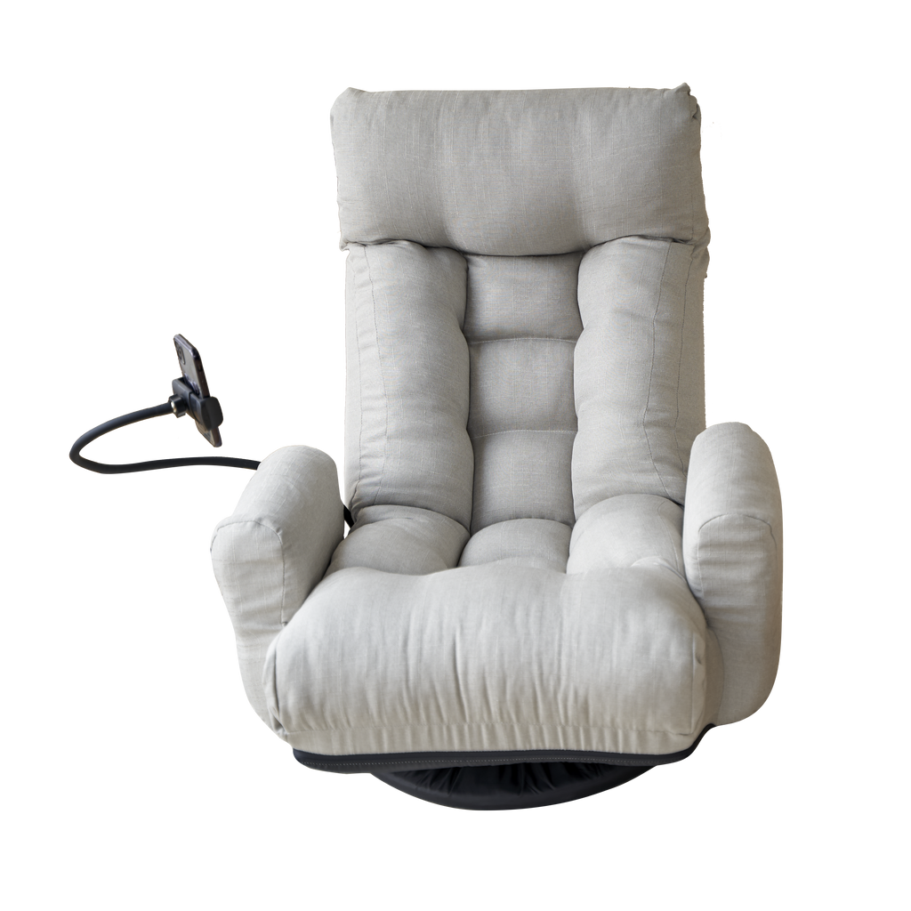 Gray Anthony & Home swivel lounge chair with plush cushion and 360-degree rotation, shown in a modern living room setting.