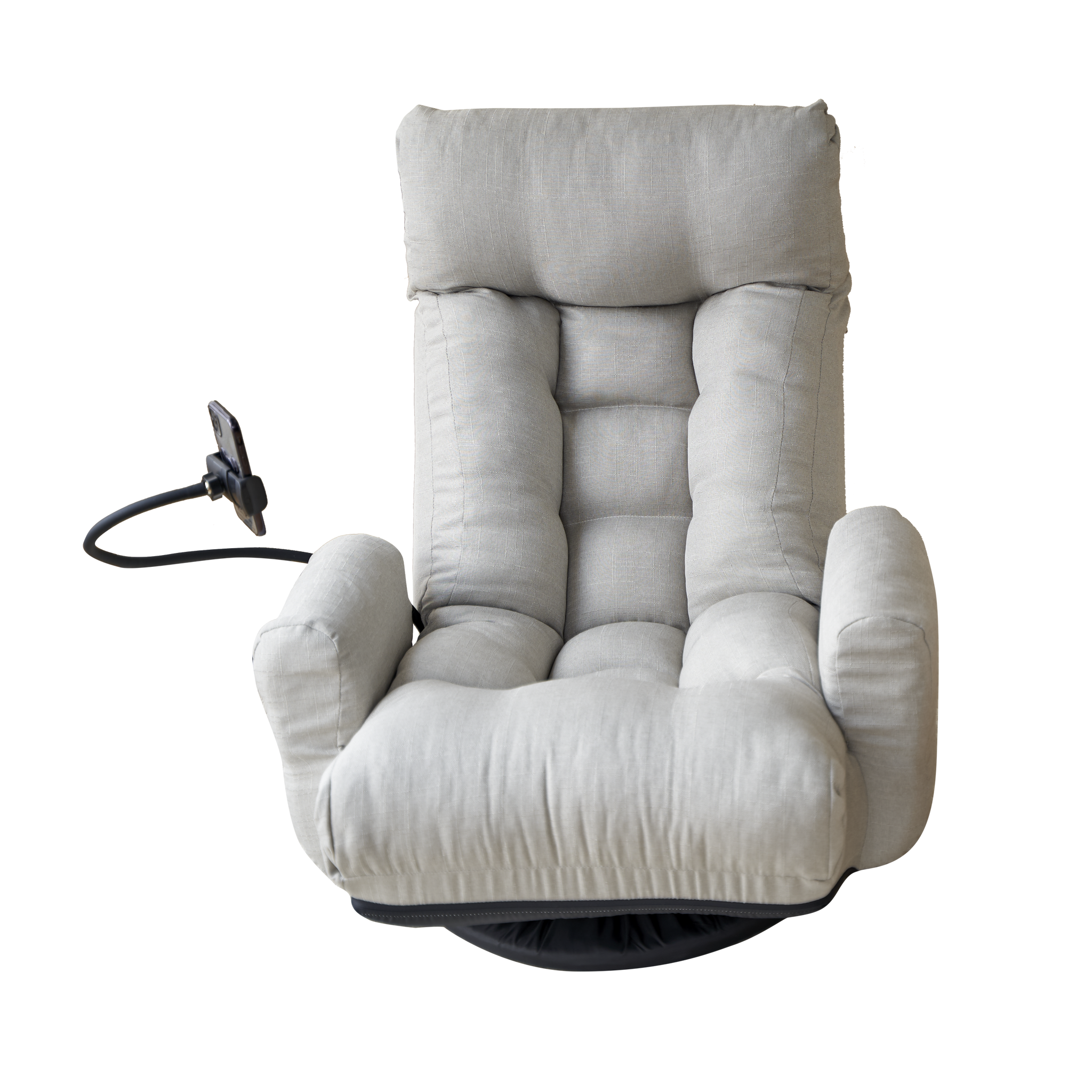 Gray Anthony & Home swivel lounge chair with plush cushion and 360-degree rotation, shown in a modern living room setting.
