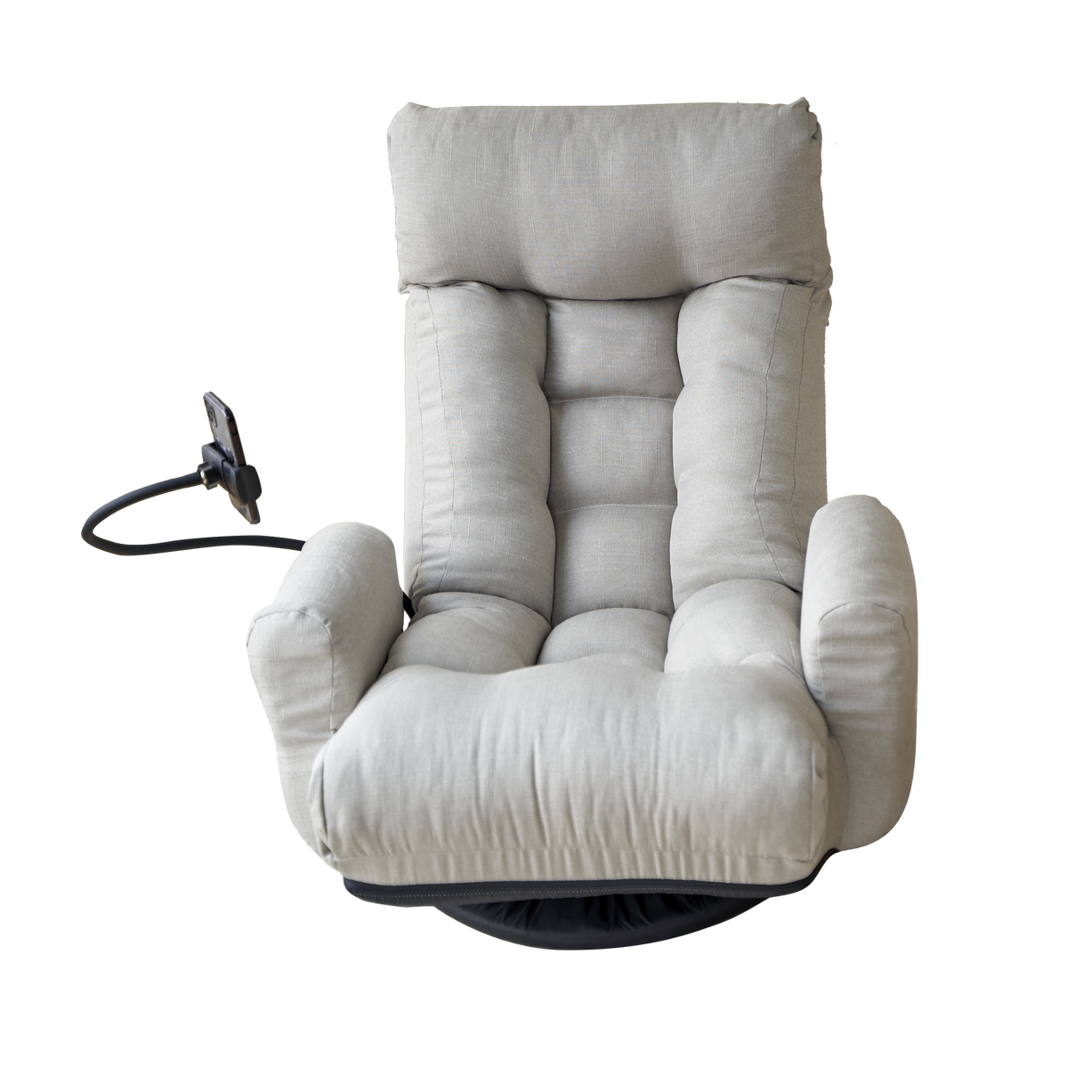 Gray Anthony & Home swivel lounge chair with plush cushion and 360-degree rotation, shown in a modern living room setting.