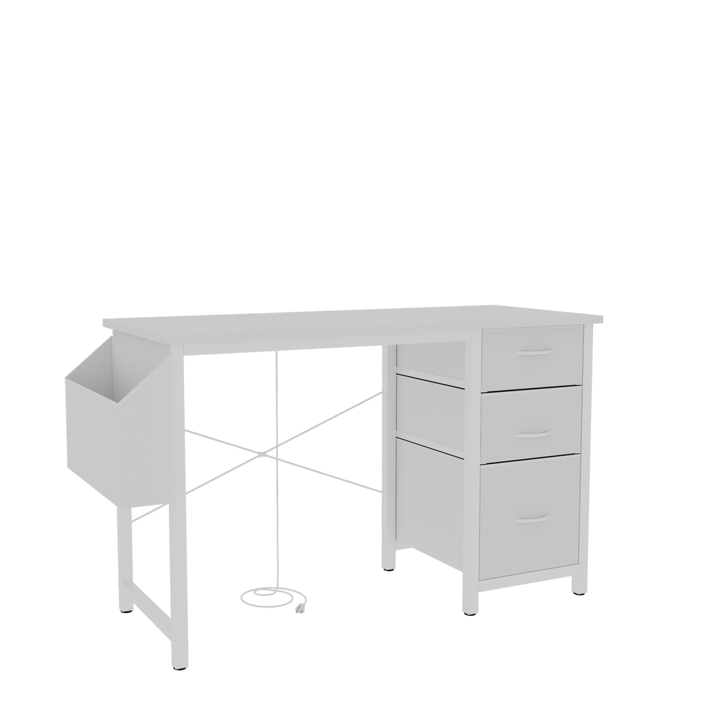 Anthony & Home studio white lacquer office desk with three drawers, power outlet, reversible frame, easy to assemble, modern design.
