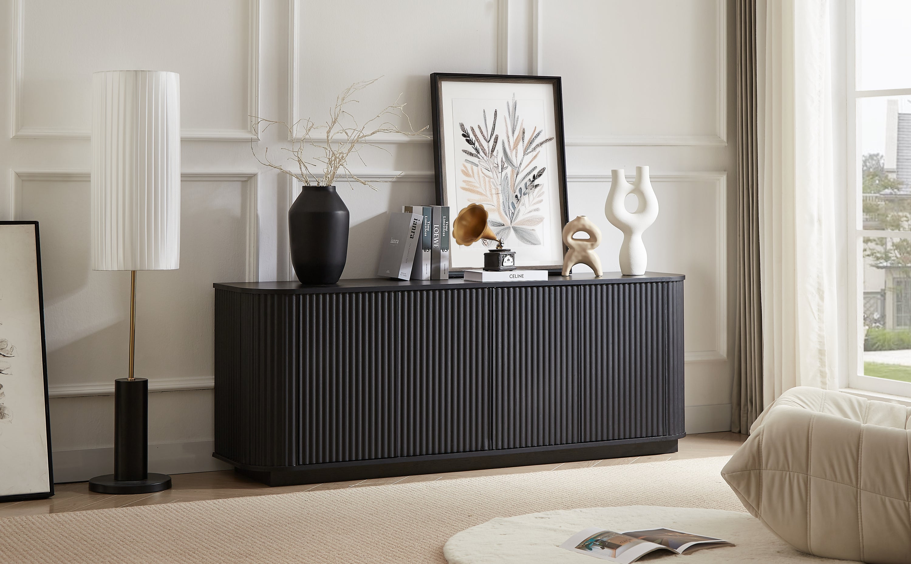 Black wood sideboard with wave pattern design, Anthony & Home Studio TV stand featuring a modern, stylish storage solution.