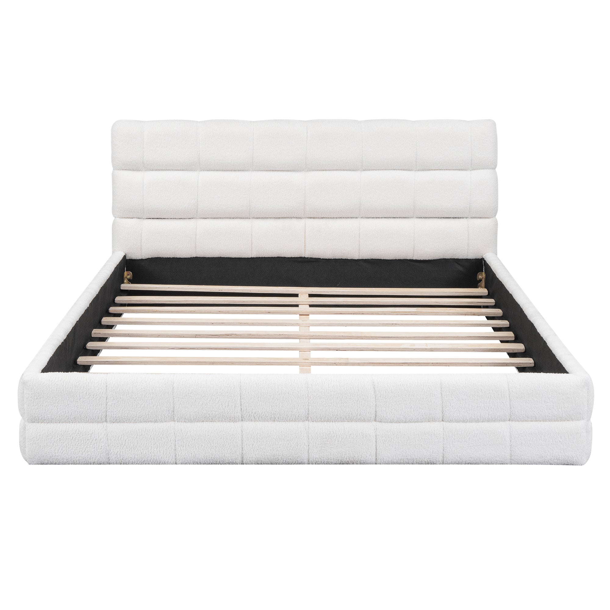 Queen platform bed by Anthony & Home with white velvet upholstery and wood frame, featuring a modern and elegant design.