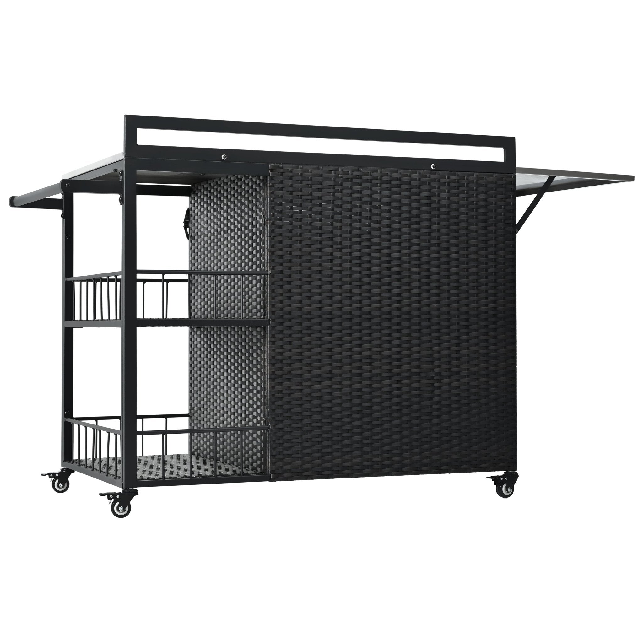 Dark brown PE rattan outdoor kitchen island with storage and folding tabletop from Anthony & Home Premium Collection.