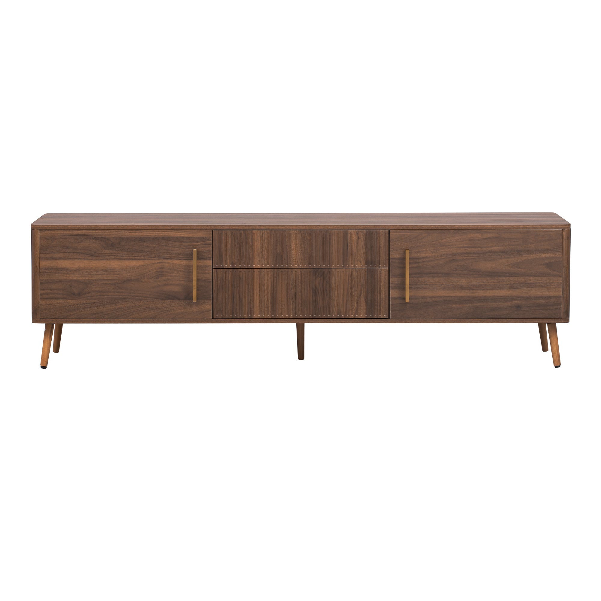 Walnut solid wood mid-century TV stand with two drawers, featuring a sleek, natural finish and clean modern design.