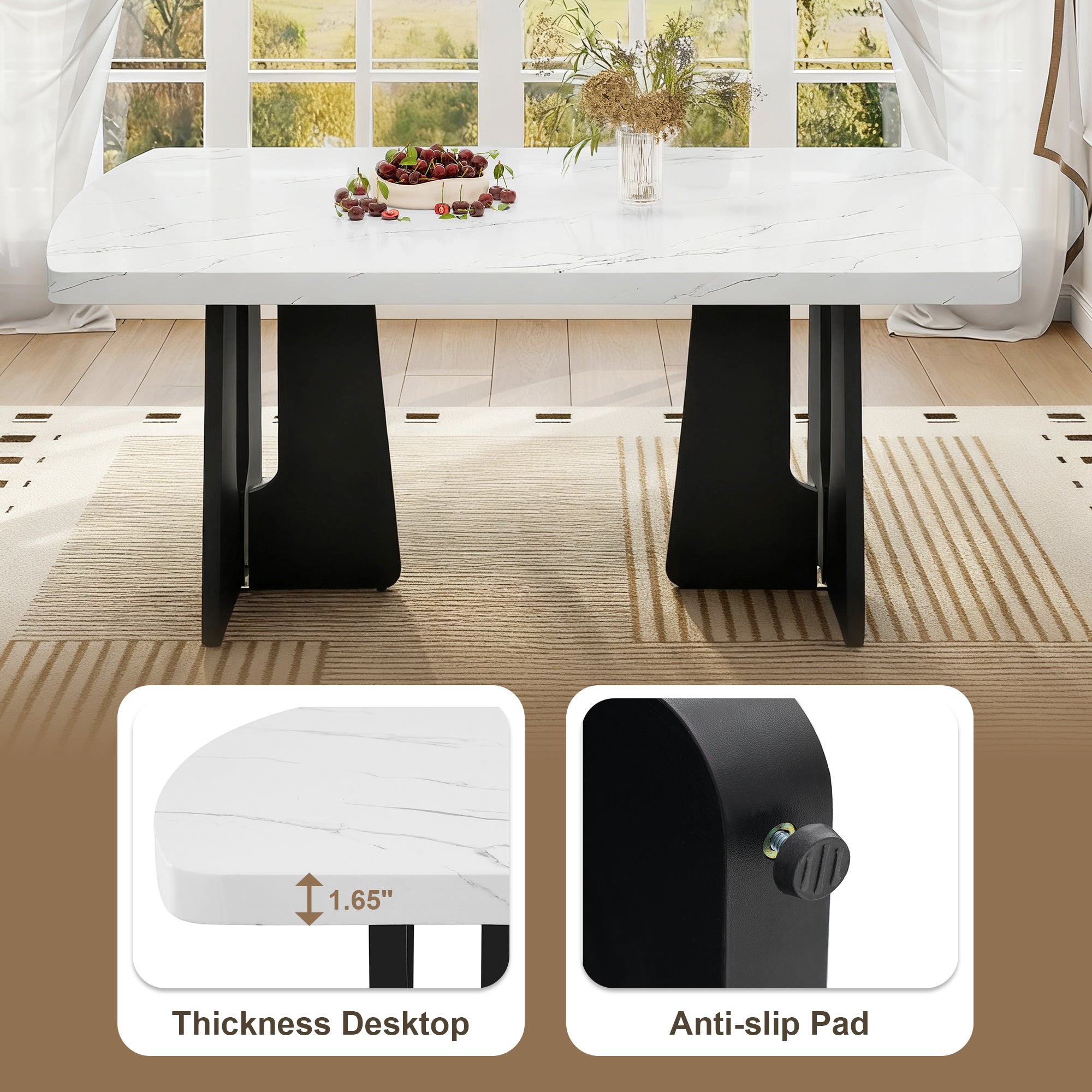 Anthony & Home Atelier faux marble dining table with black and white geometric legs, showcasing modern design and sleek surface.