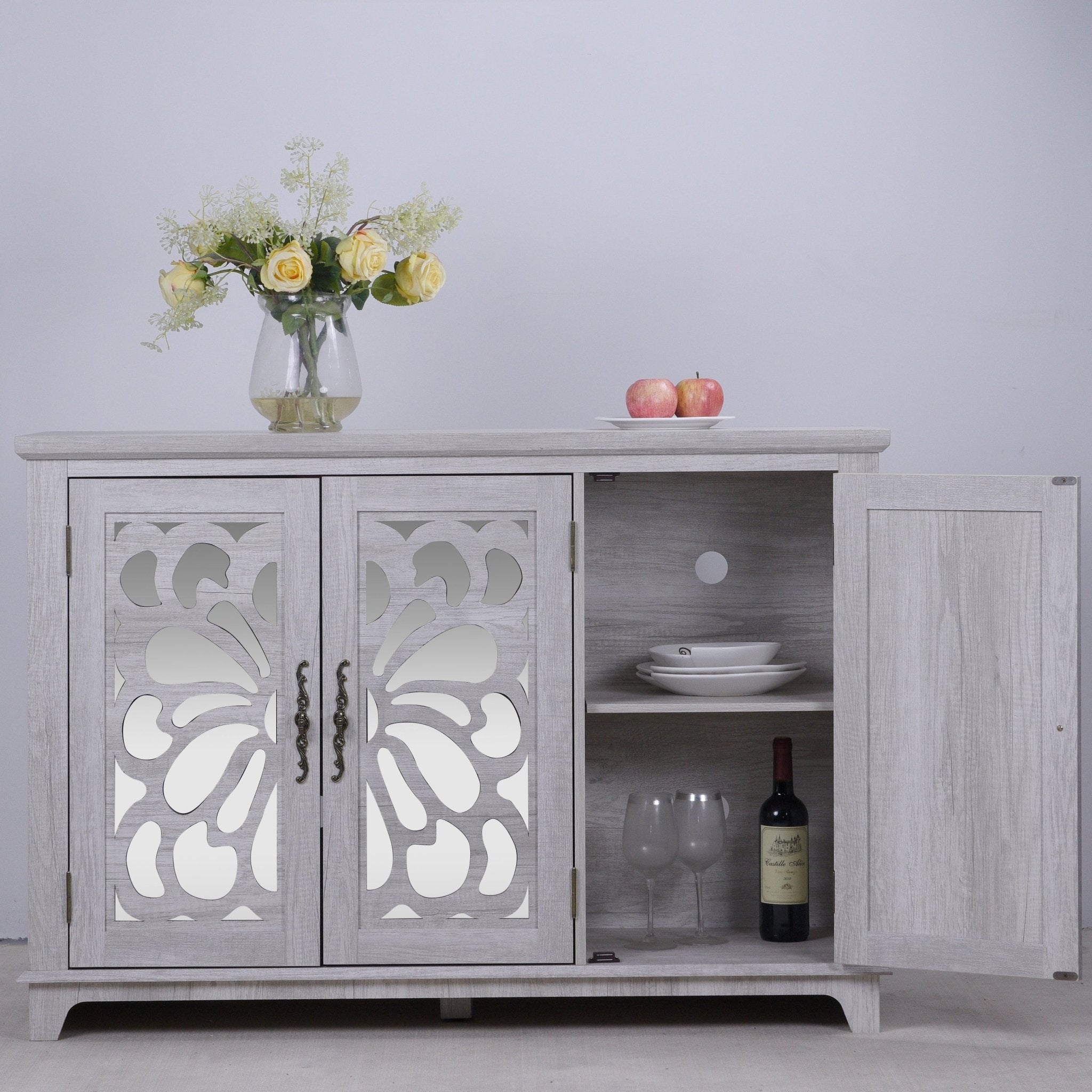 Anthony & Home mirrored sideboard with adjustable shelves, modern design, featuring a sleek mirrored front and sturdy wooden legs.