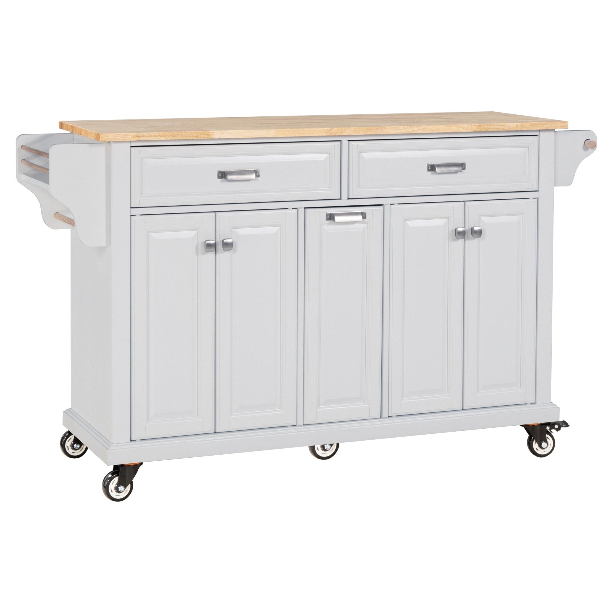 White kitchen island with rubber wood countertop by Anthony & Home, showcasing a modern design with storage shelves.
