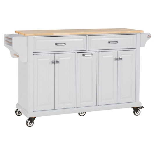 White kitchen island with rubber wood countertop by Anthony & Home, showcasing a modern design with storage shelves.