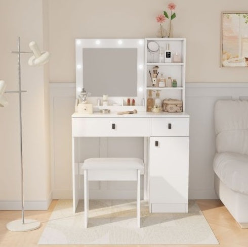 White Makeup Vanity Desk With Lights And Mirror