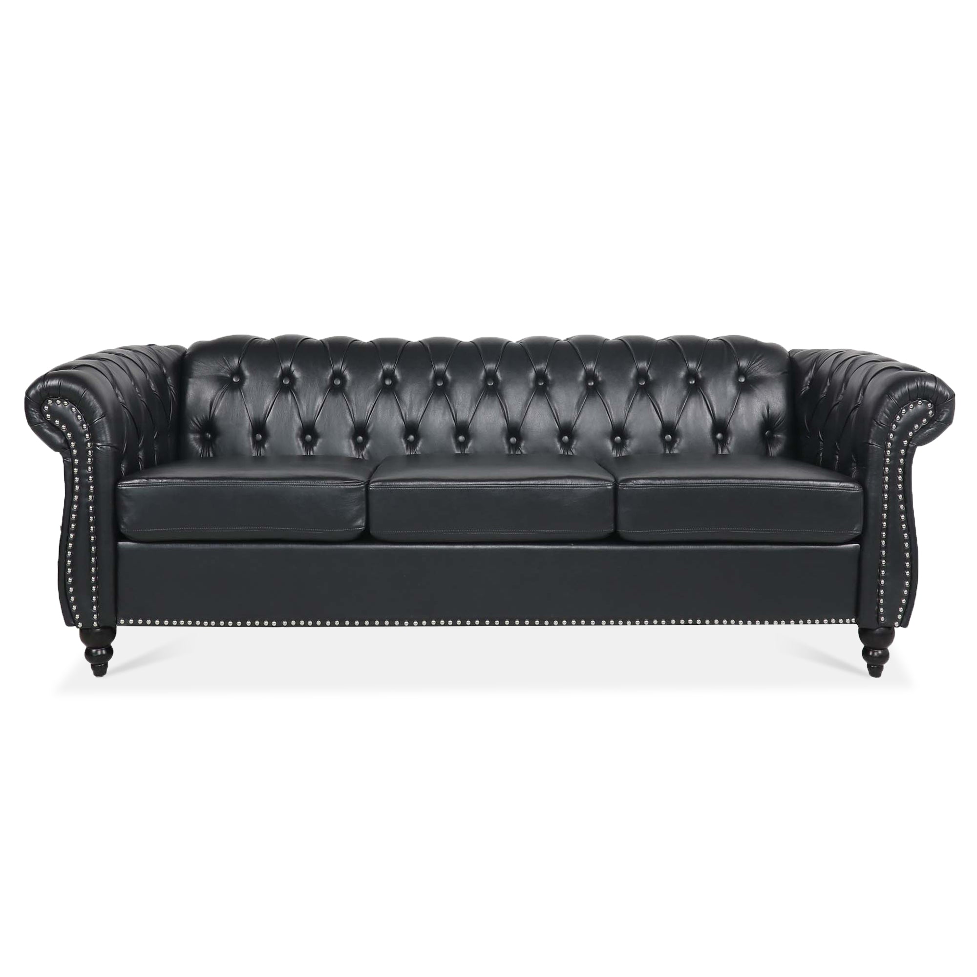 Anthony & Home Chesterfield rolled-arm three-seater sofa with plush upholstery and classic tufted design in a stylish living room setting.