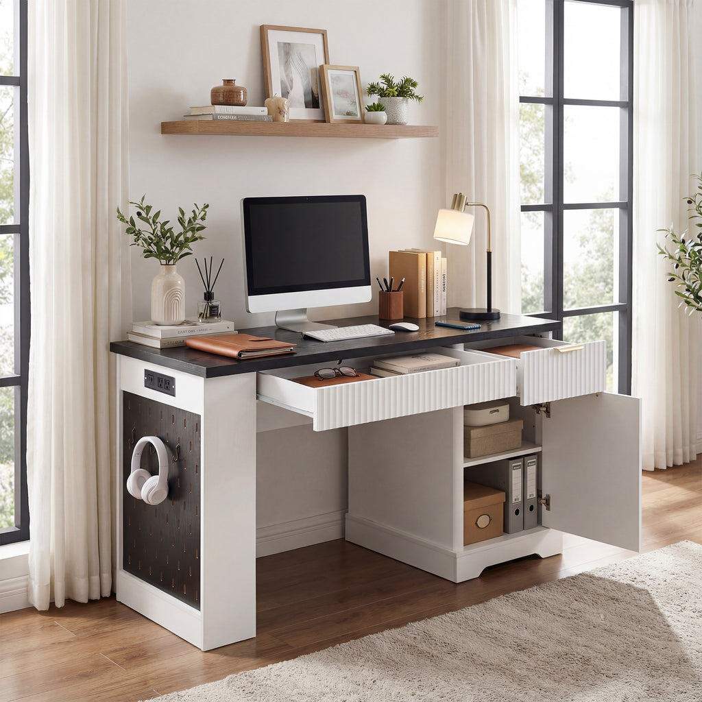 White 55-inch Atelier Fluted Office Desk with storage cabinet, pegboard, and keyboard tray by Anthony & Home.