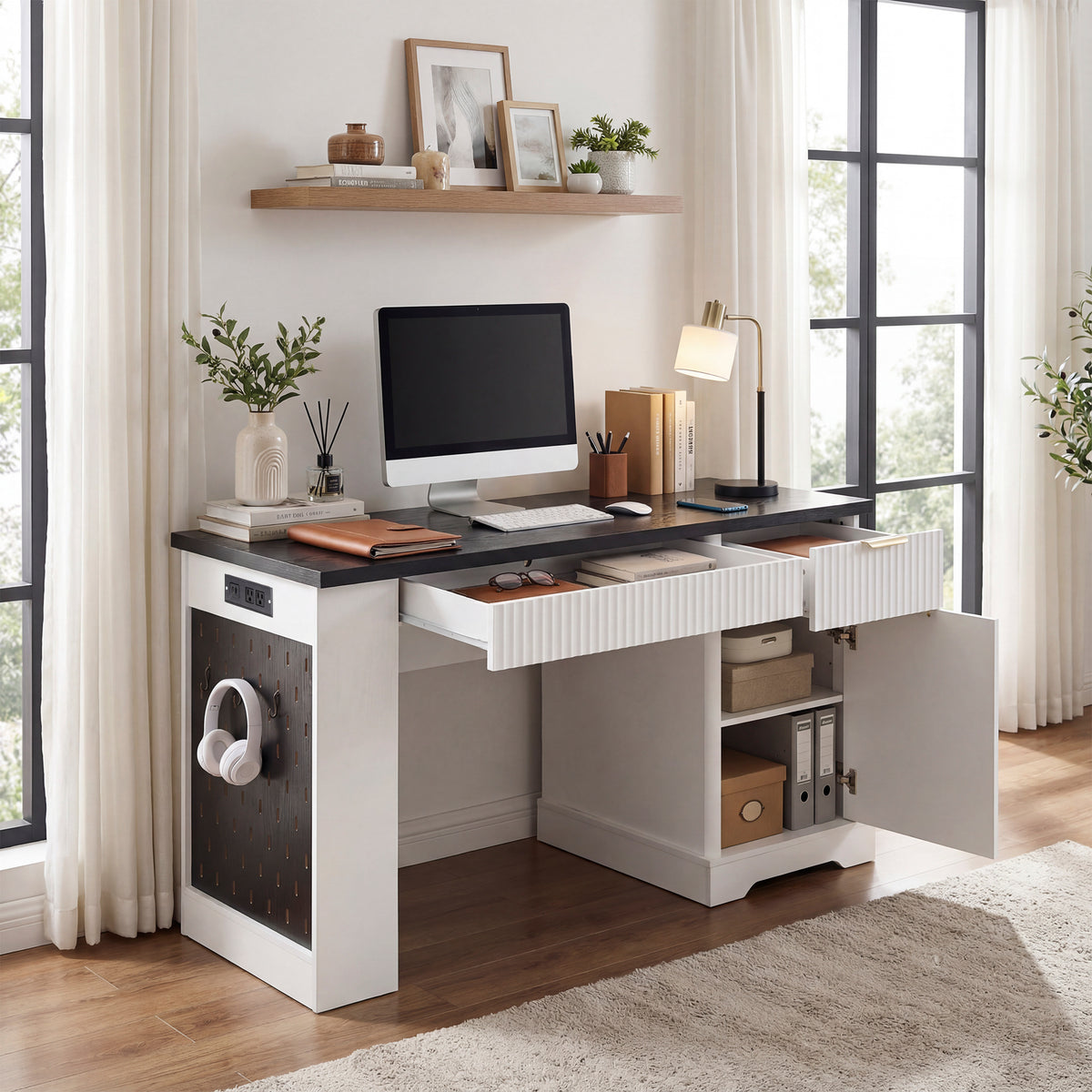 White 55-inch Atelier Fluted Office Desk with storage cabinet, pegboard, and keyboard tray by Anthony & Home.