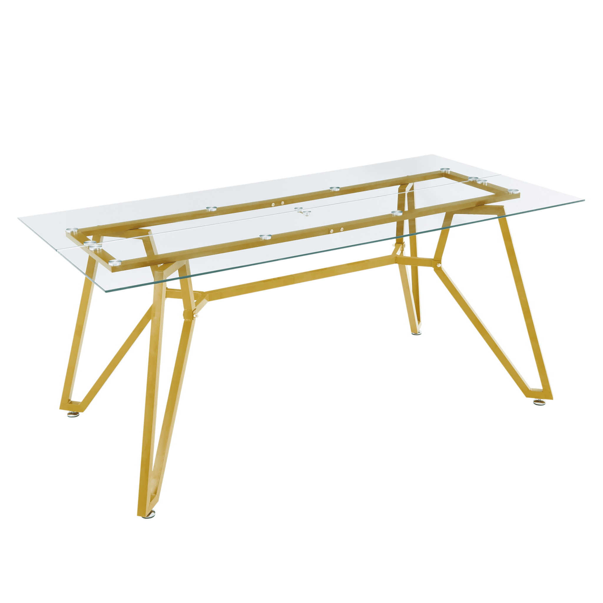 Rectangular glass dining table with gold finish from Anthony & Home's Atelier Collection, showcasing a sleek modern design.