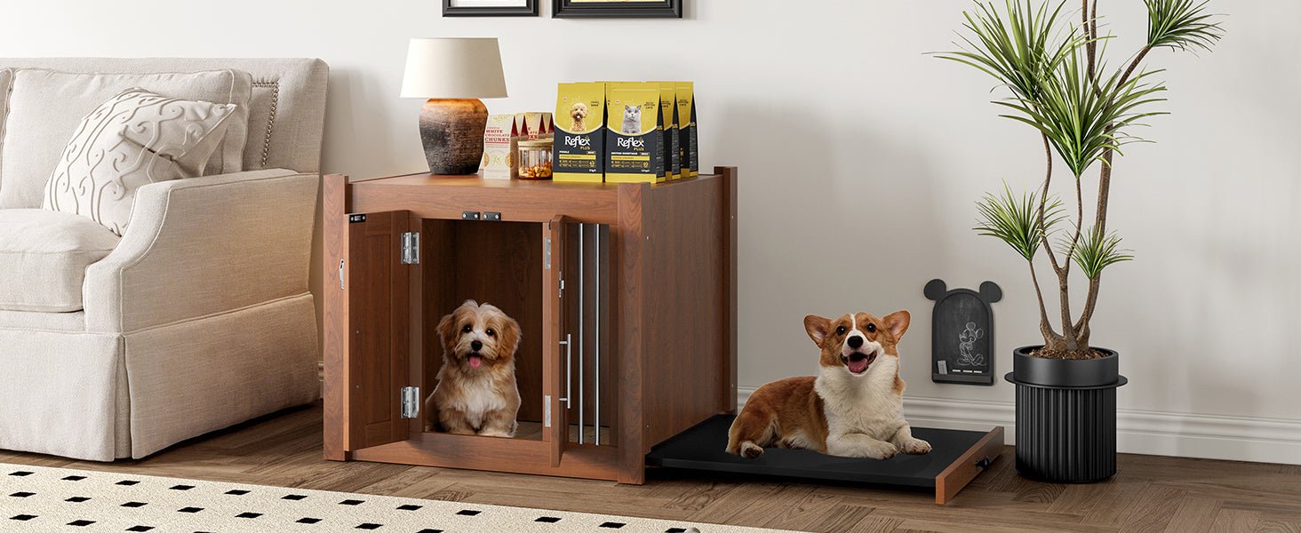 Walnut 2-in-1 nightstand and kennel from Anthony & Home's Atelier Collection, featuring a stylish dual-purpose design.