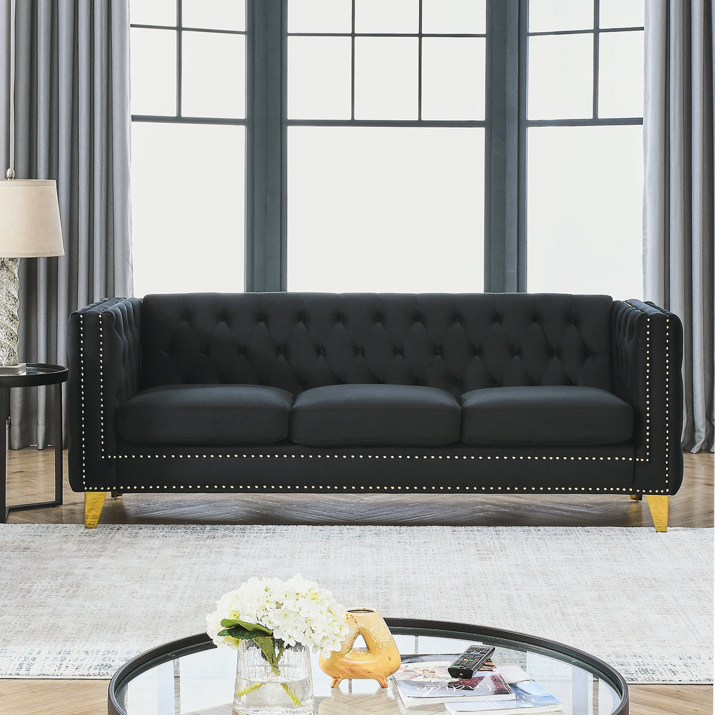 Black Atelier Velvet Tufted 3-Seater Sofa with metal legs by Anthony & Home, showcasing plush velvet upholstery and stylish design.