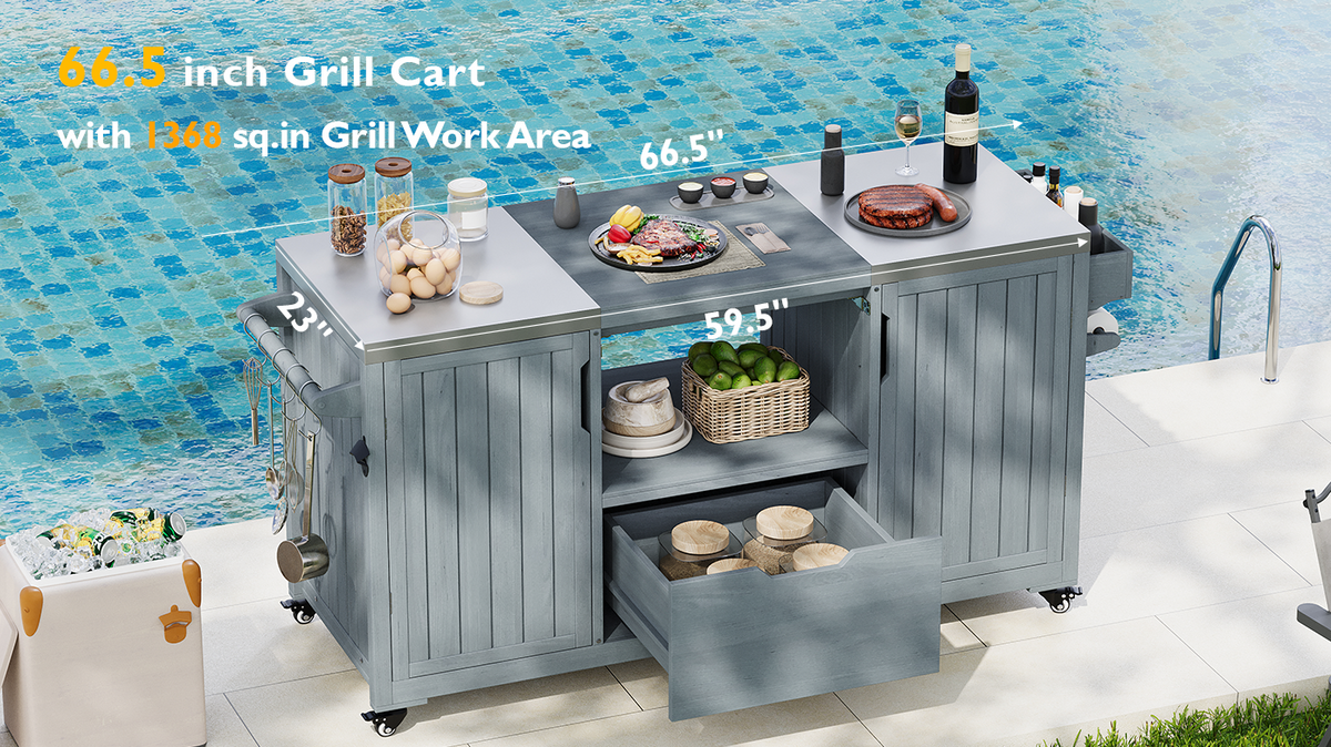 Anthony & Home solid wood outdoor kitchen island with storage, designed for Big Green Egg grilling station, featuring a sturdy natural finish.