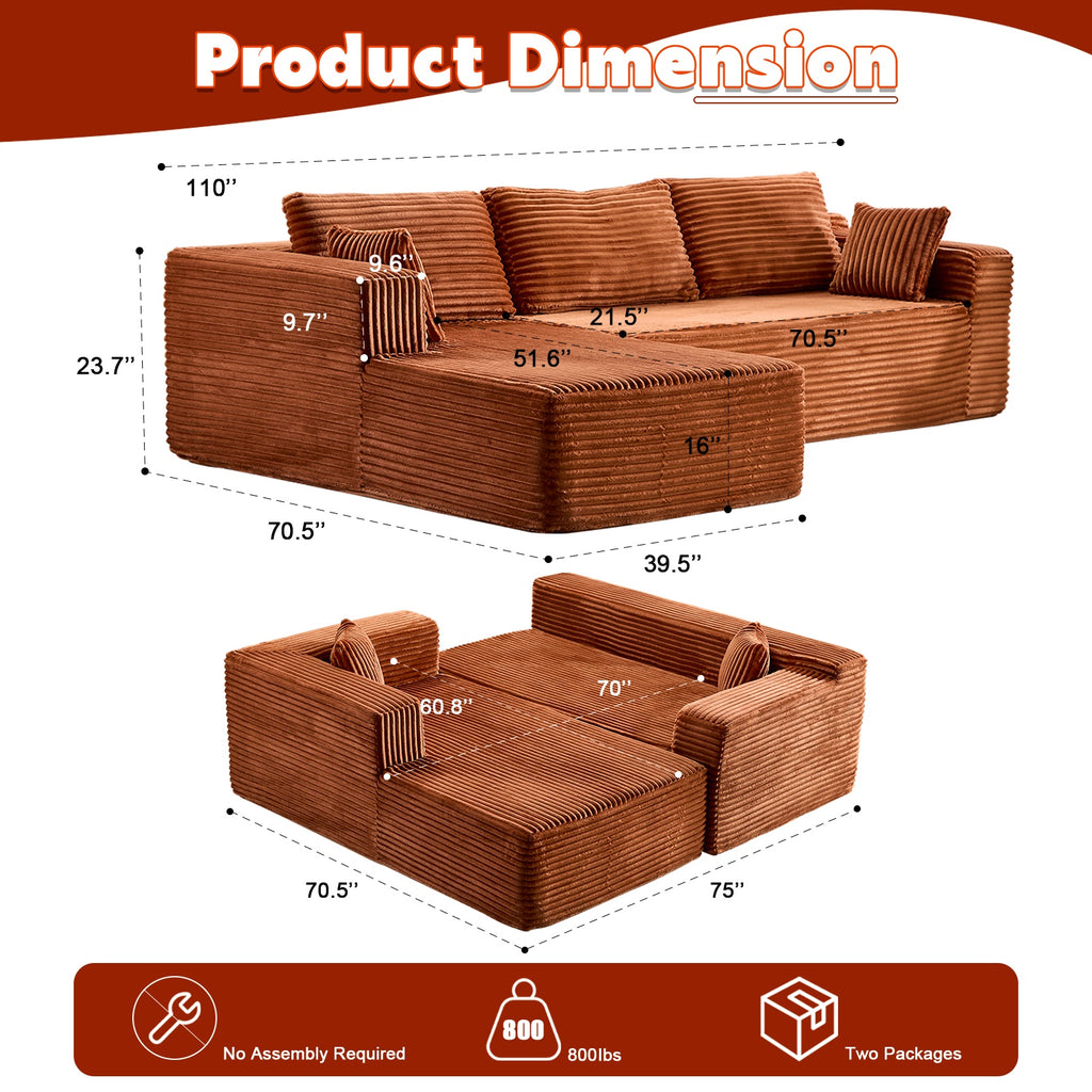 Corduroy Brown Modular Sectional Sofa With Chaise Lounge