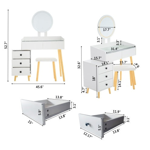 Dressing Table With LED Lights Glass Top 5 Drawers Mirror