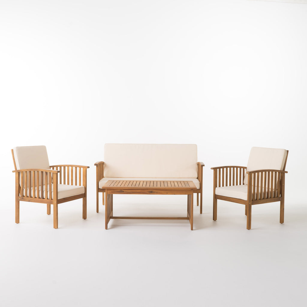 Outdoor acacia wood chat set with water-resistant cushions, featuring a table and comfortable seating for outdoor lounging.