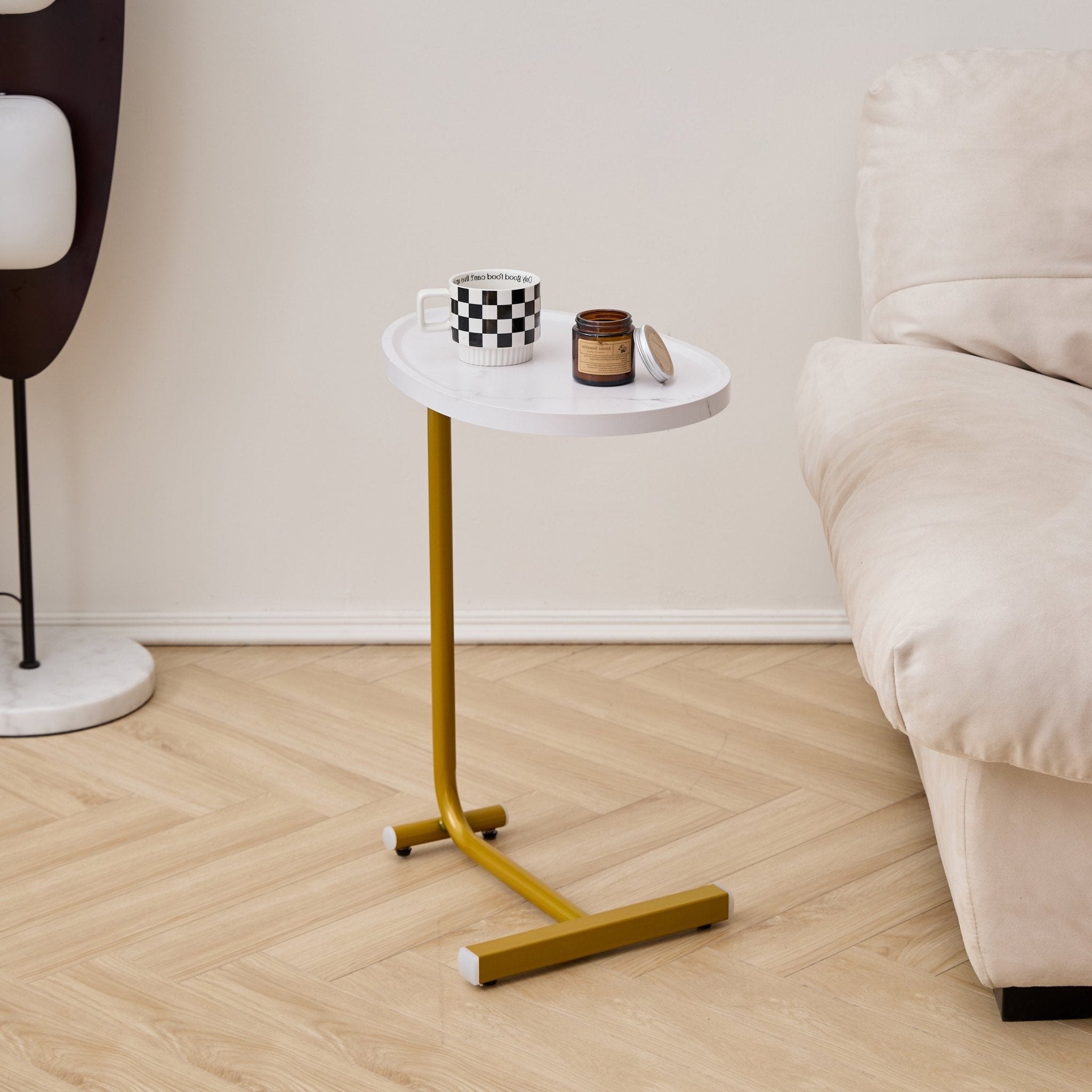 White C-shaped side table from Anthony & Home's Metal Luxe Collection with a premium MDF top, limited edition design.